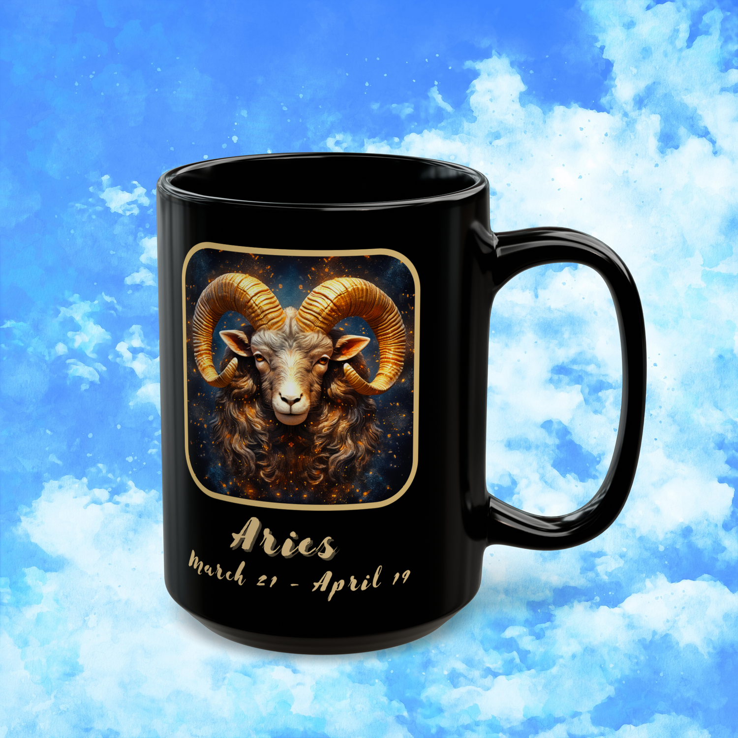 Aries Zodiac Astrology Mug 15 oz right view with powerful ram art and energetic Aries meaning