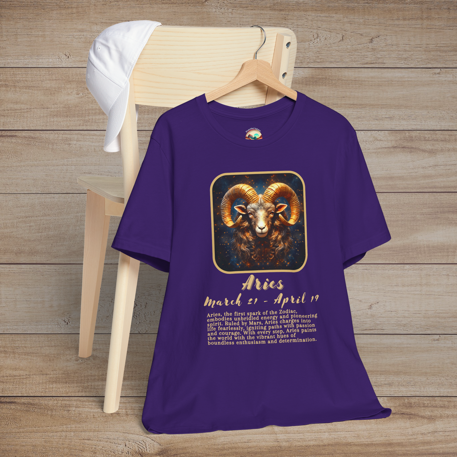 Purple Aries Zodiac T-Shirt with a shining gold Aries symbol and bold, dynamic zodiac meaning