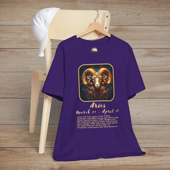 Purple Aries Zodiac T-Shirt with a shining gold Aries symbol and bold, dynamic zodiac meaning