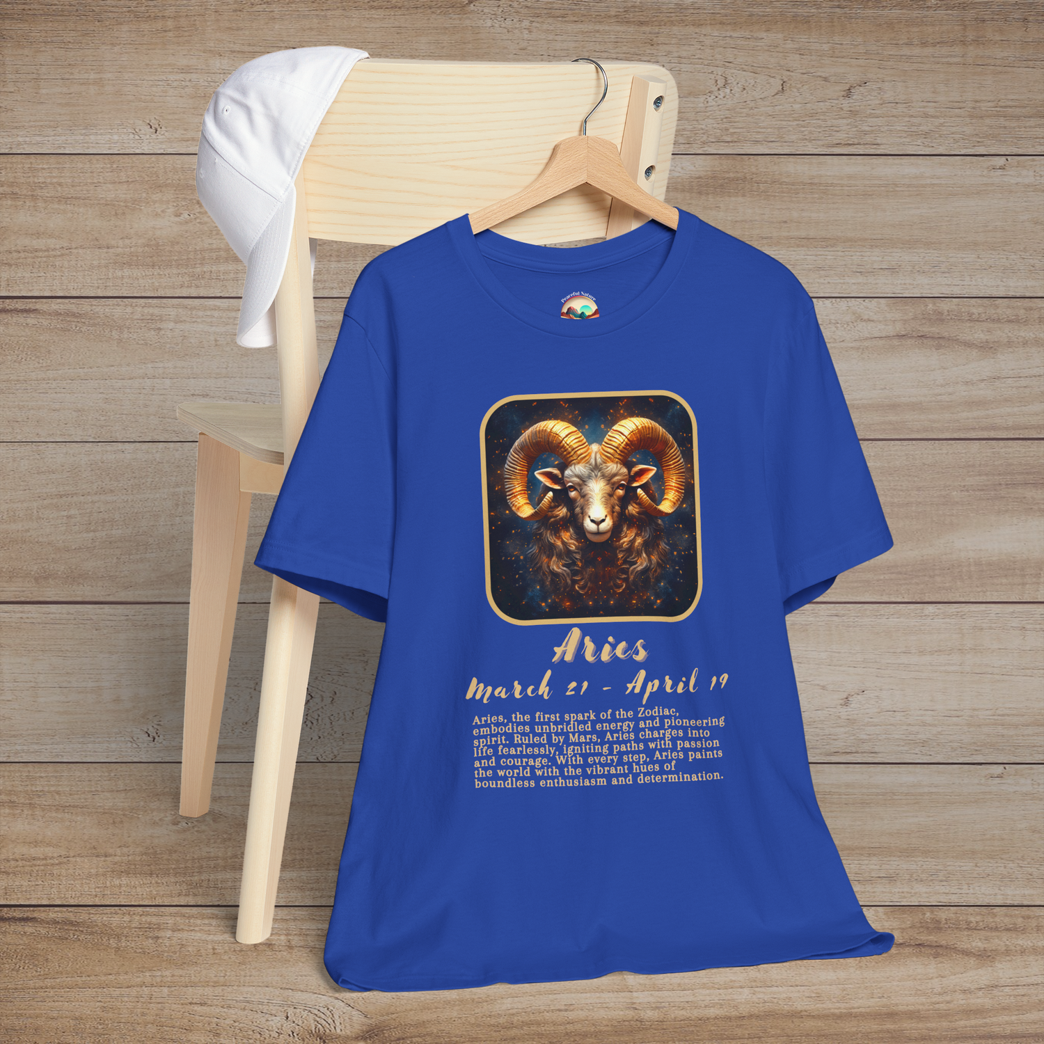 Royal blue Aries Zodiac T-Shirt showcasing the fiery and pioneering spirit of Aries