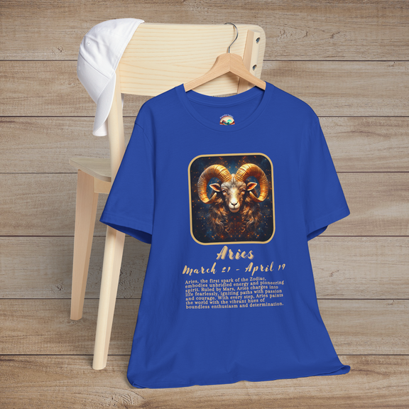 Royal blue Aries Zodiac T-Shirt showcasing the fiery and pioneering spirit of Aries
