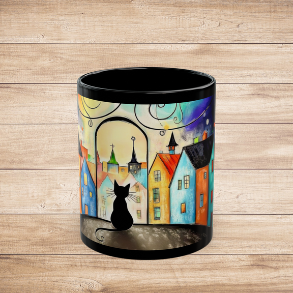 Black ceramic 11 oz mug showing black cat sitting under whimsical sky with colorful city background, front view