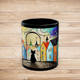 Black ceramic 11 oz mug showing black cat sitting under whimsical sky with colorful city background, front view