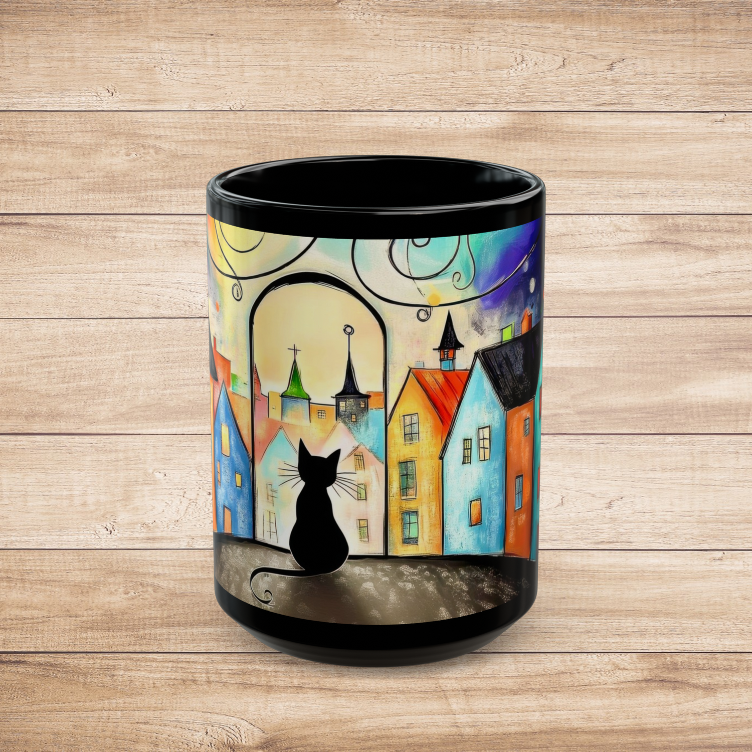 Black ceramic 15 oz mug with black cat silhouette and colorful row houses in cityscape, front view