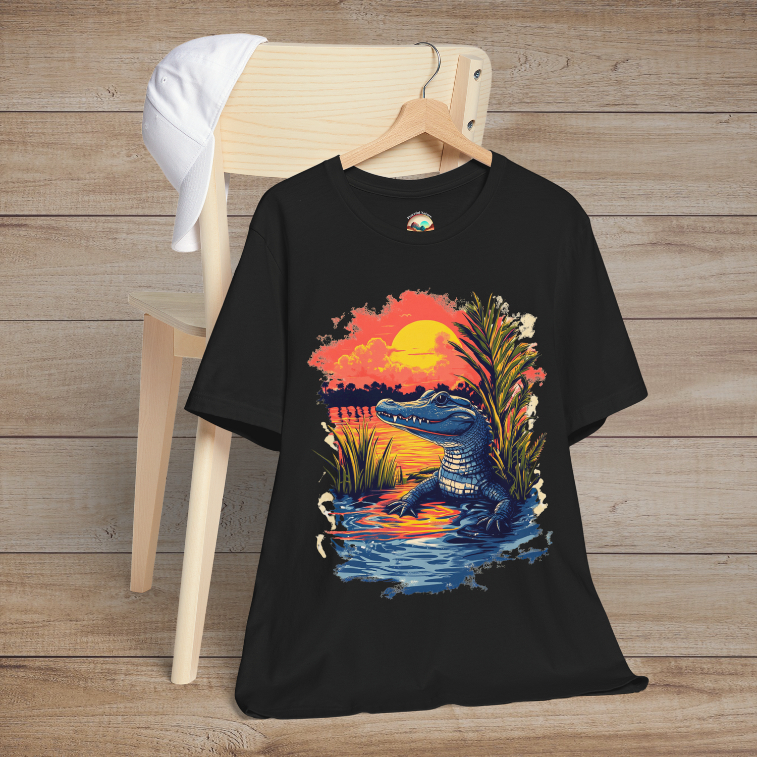 Black shirt with baby alligator sunset graphic and vibrant tropical background