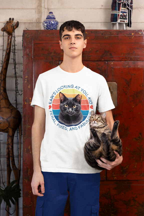Man wearing white Ear’s Looking at You Kid TNR cat shirt with retro ear-tipped black cat design, Bella Canvas 3001