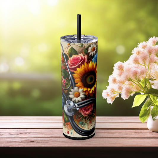 Glitter black skinny tumbler with vibrant flowers and stethoscope, front view