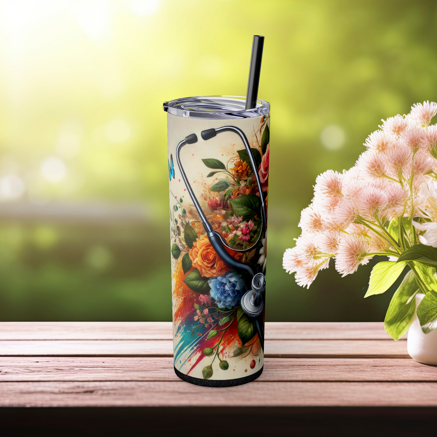 Glitter black floral tumbler with sunflower and leopard pattern, left view