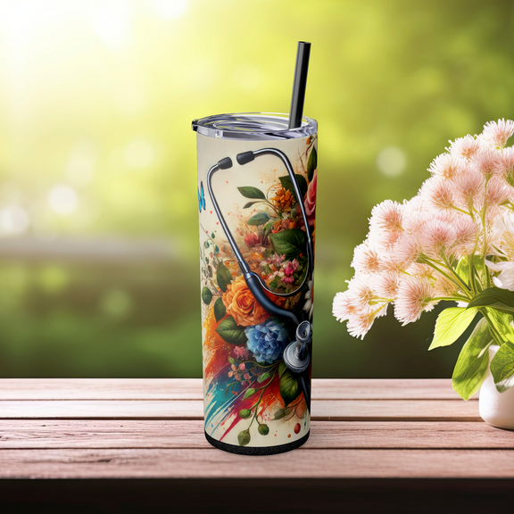 Glitter black floral tumbler with sunflower and leopard pattern, left view