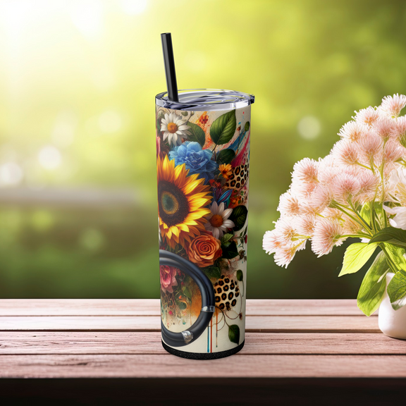 Glitter black medical tumbler with flowers and watercolor pattern, right view