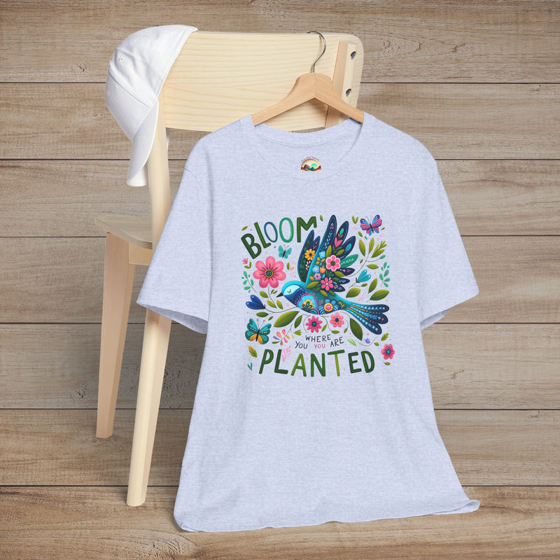 The Bloom Where You Are Planted T-Shirt – Floral Bird & Positive Vibes Tee Heather Prism Blue