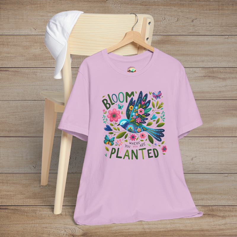 The Bloom Where You Are Planted T-Shirt – Floral Bird & Positive Vibes Tee Lilac