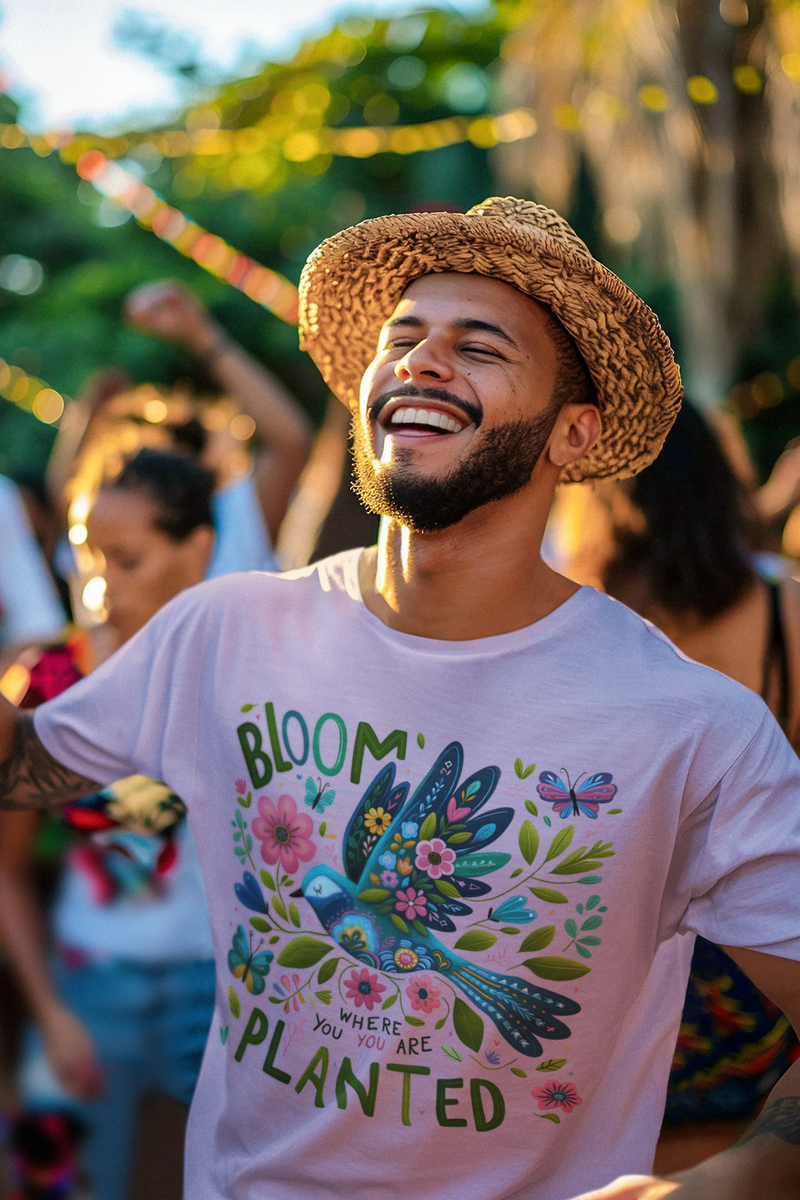 The Bloom Where You Are Planted T-Shirt – Floral Bird & Positive Vibes Tee