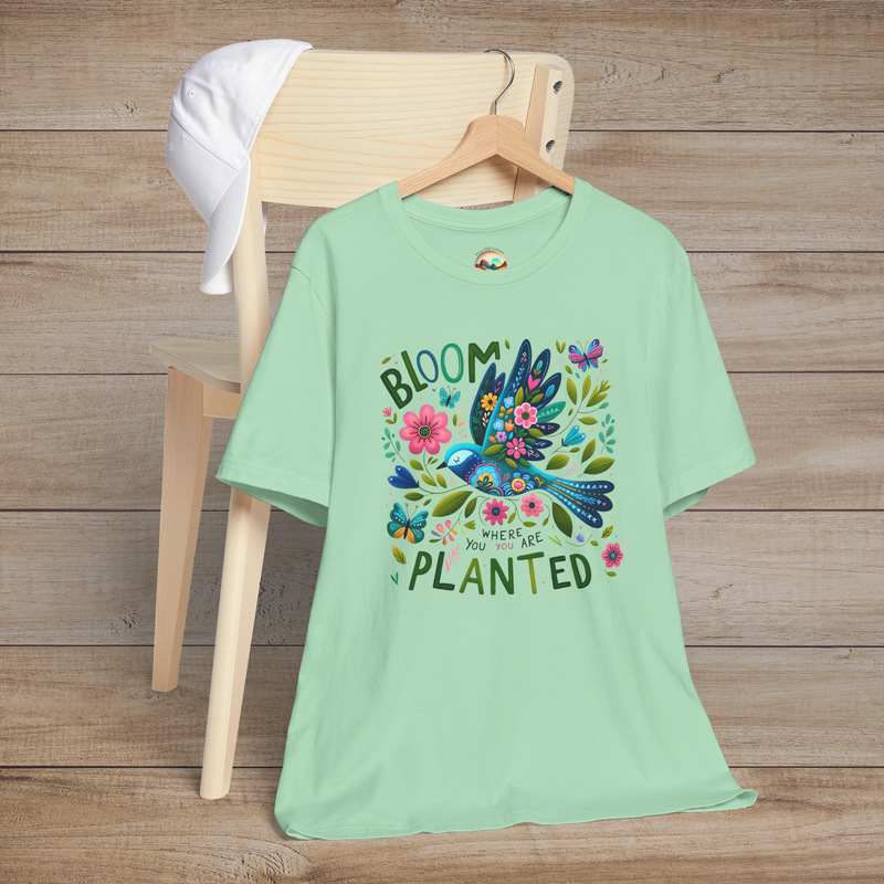 The Bloom Where You Are Planted T-Shirt – Floral Bird & Positive Vibes Tee Mint