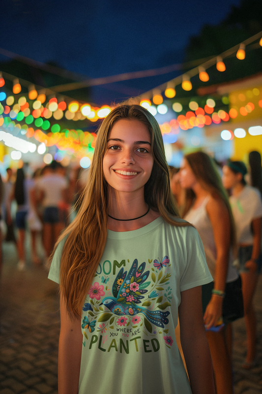 Young woman in a mint green t-shirt with a vibrant bird and flower design, enjoying a colorful night market scene while radiating joy and positivity
