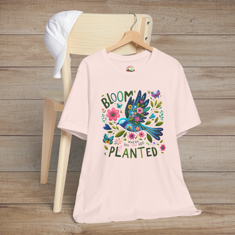The Bloom Where You Are Planted T-Shirt – Floral Bird & Positive Vibes Tee Soft Pink