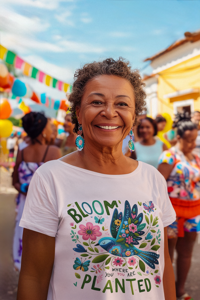 The Bloom Where You Are Planted T-Shirt – Floral Bird & Positive Vibes Tee