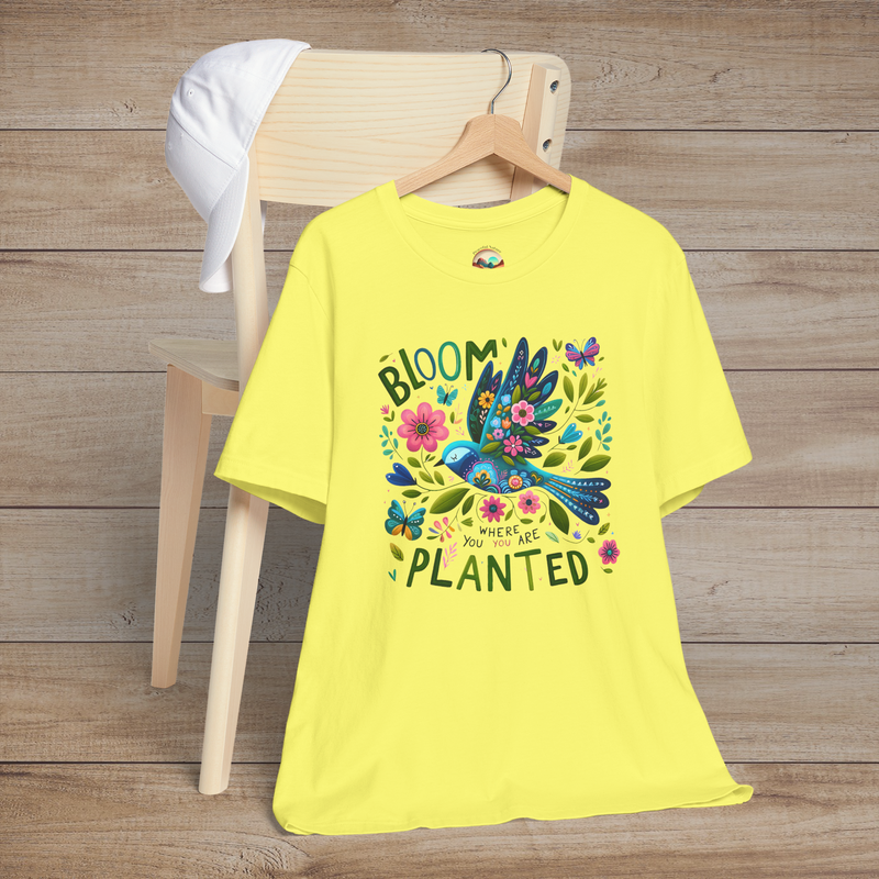 The Bloom Where You Are Planted T-Shirt – Floral Bird & Positive Vibes Tee Yellow
