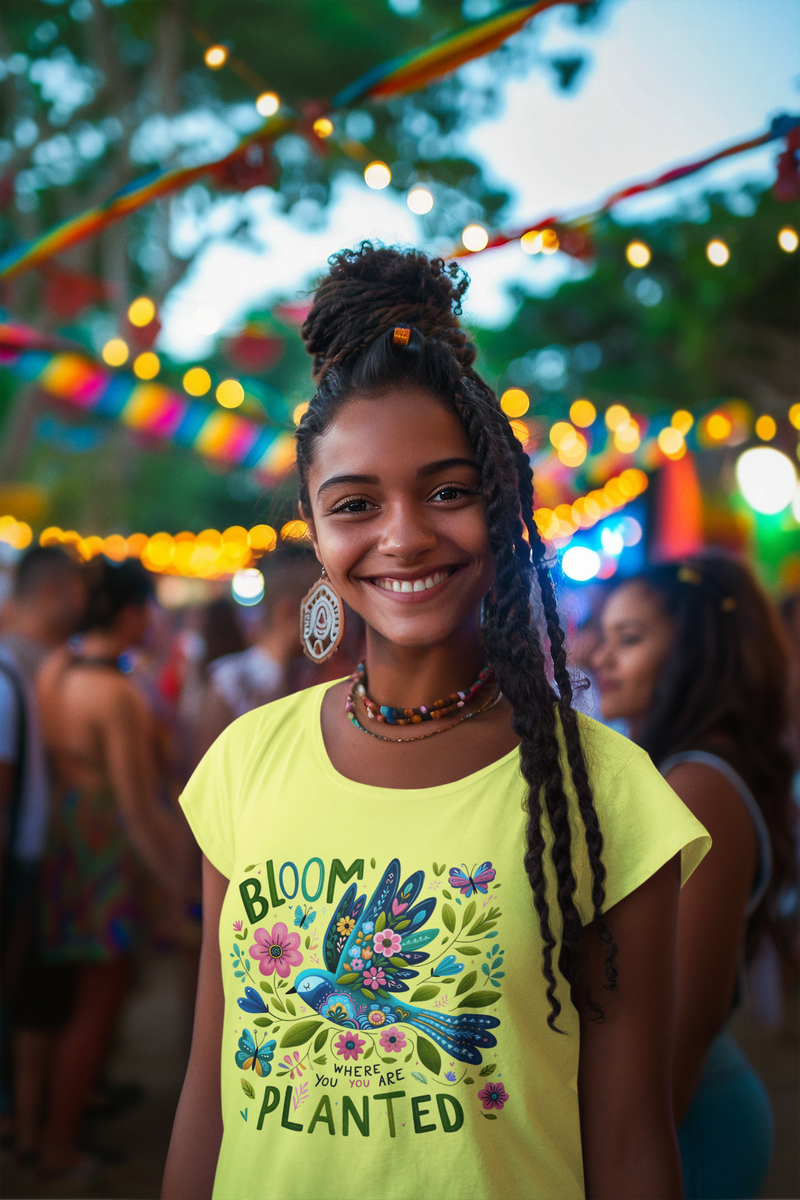 The Bloom Where You Are Planted T-Shirt – Floral Bird & Positive Vibes Tee
