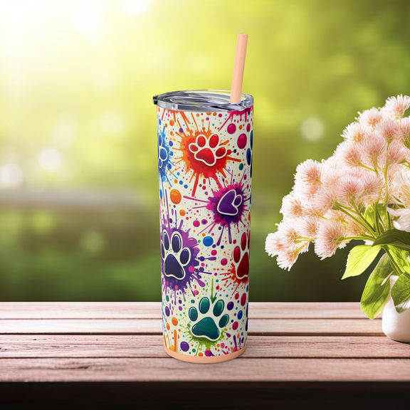 🎨 Color Splash Paw Print Skinny Tumbler – 20oz Pet Lover Edition 🐶🐱