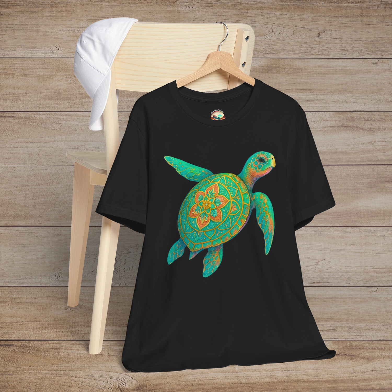 Black t-shirt featuring colorful boho-style sea turtle illustration, hanging on chair