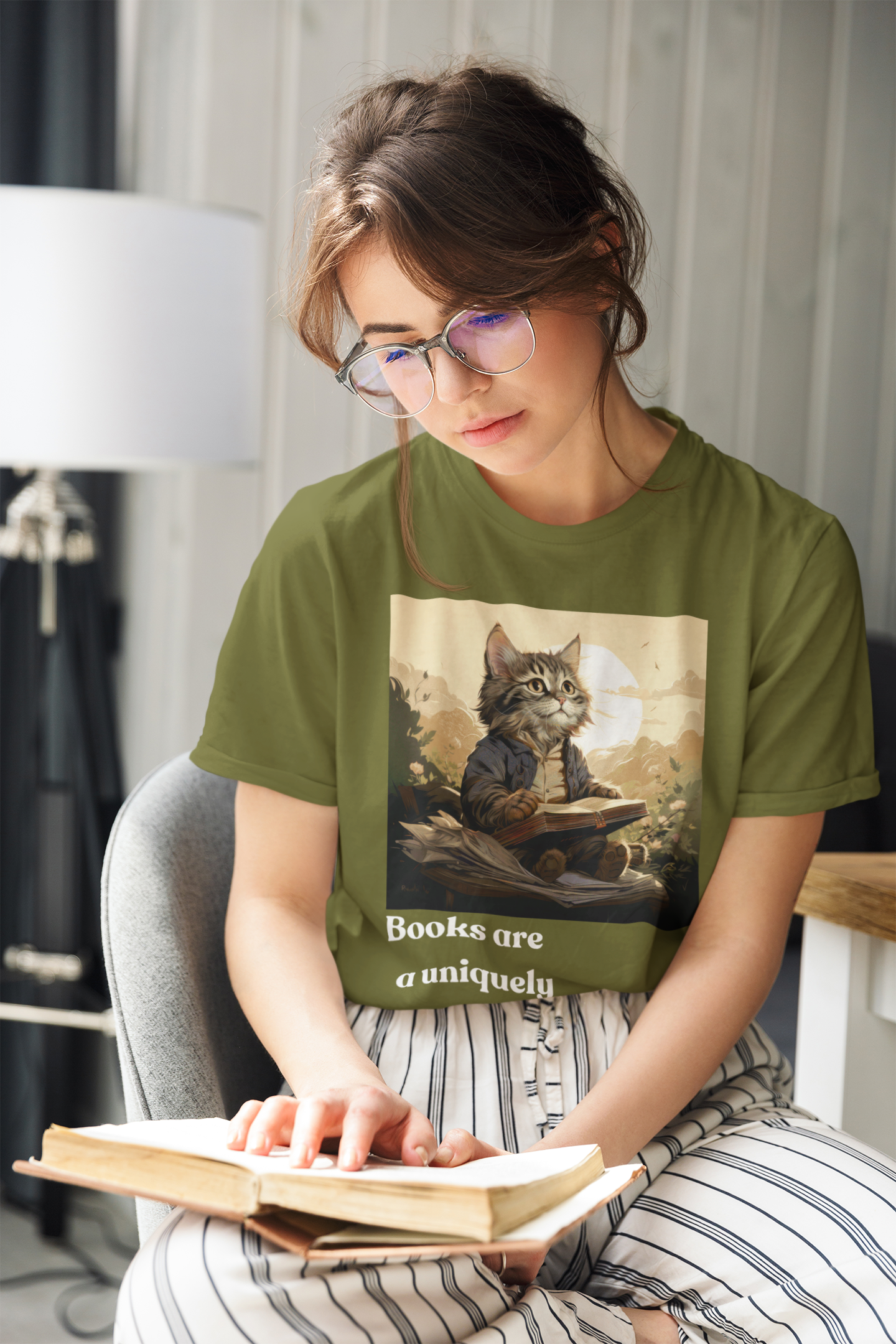 Woman reading a book while wearing the Books Are a Uniquely Portable Magic cat t-shirt in olive green