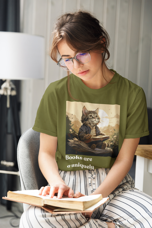 Woman reading a book while wearing the Books Are a Uniquely Portable Magic cat t-shirt in olive green