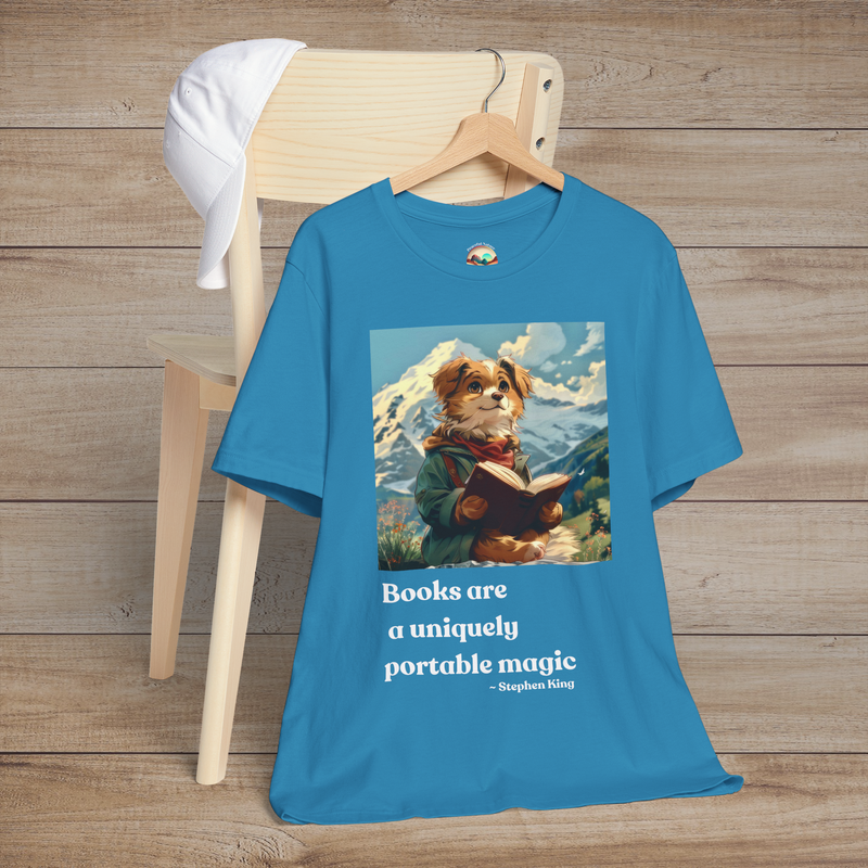 The "Books are a Uniquely Portable Magic" T-Shirt - Dog & Book Lover Tee Aqua