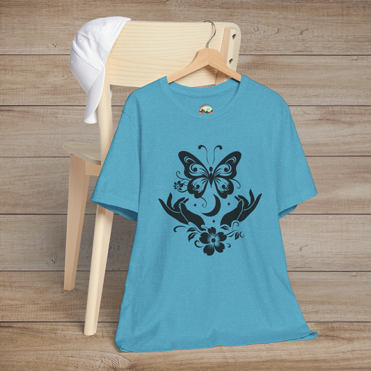 Butterfly Release minimalist t-shirt in heather aqua featuring black butterfly and hands design