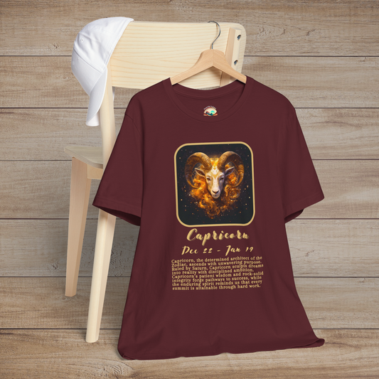 Maroon Capricorn Zodiac T-Shirt featuring a golden goat symbol and hardworking astrological meaning