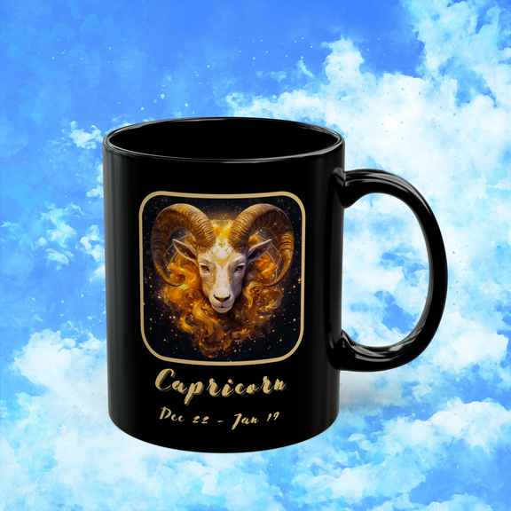 Capricorn Zodiac Astrology Mug 11 oz right view with golden goat symbol and disciplined zodiac energy