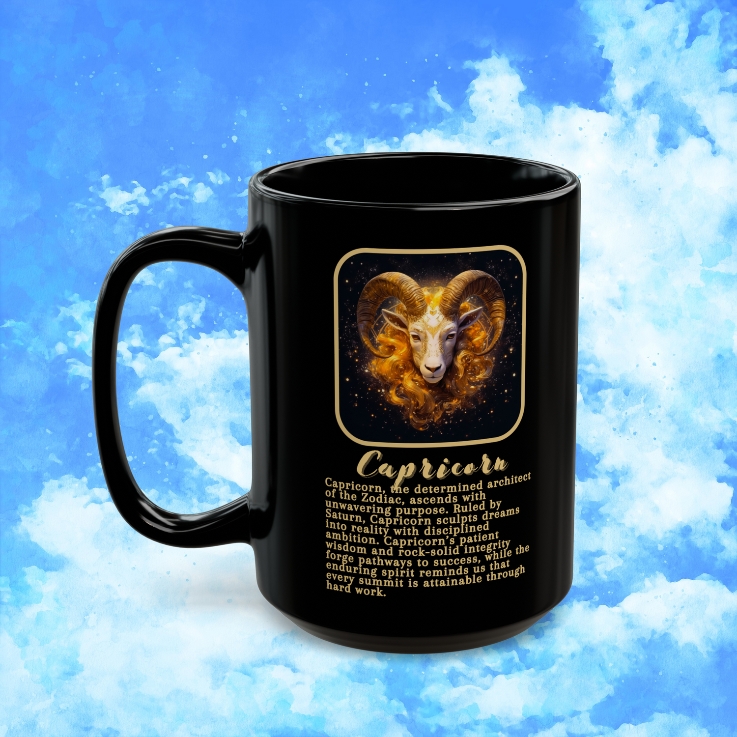 Capricorn Zodiac Astrology Mug 15 oz left view with golden goat art and wise zodiac qualities