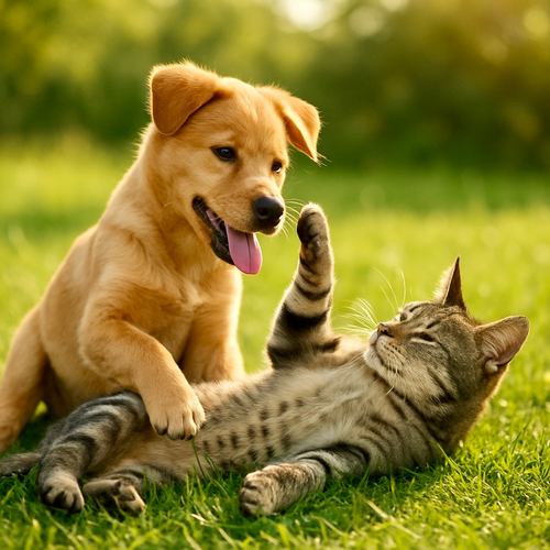 Golden puppy and tabby cat playfully interacting in a sunny grassy field, capturing a joyful moment of animal friendship.