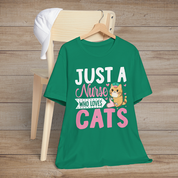 Kelly green t-shirt showcasing a charming orange cat in a nurse’s cap holding a shot needle with the text Just a Nurse Who Loves Cats