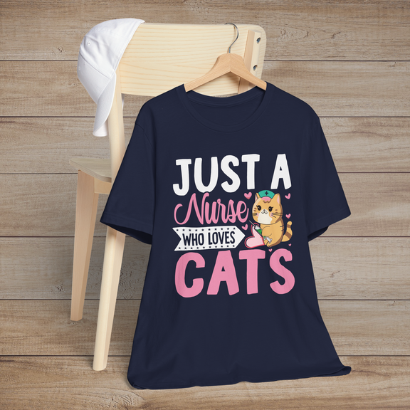 Navy blue t-shirt with a playful orange cartoon cat nurse and the fun phrase Just a Nurse Who Loves Cats