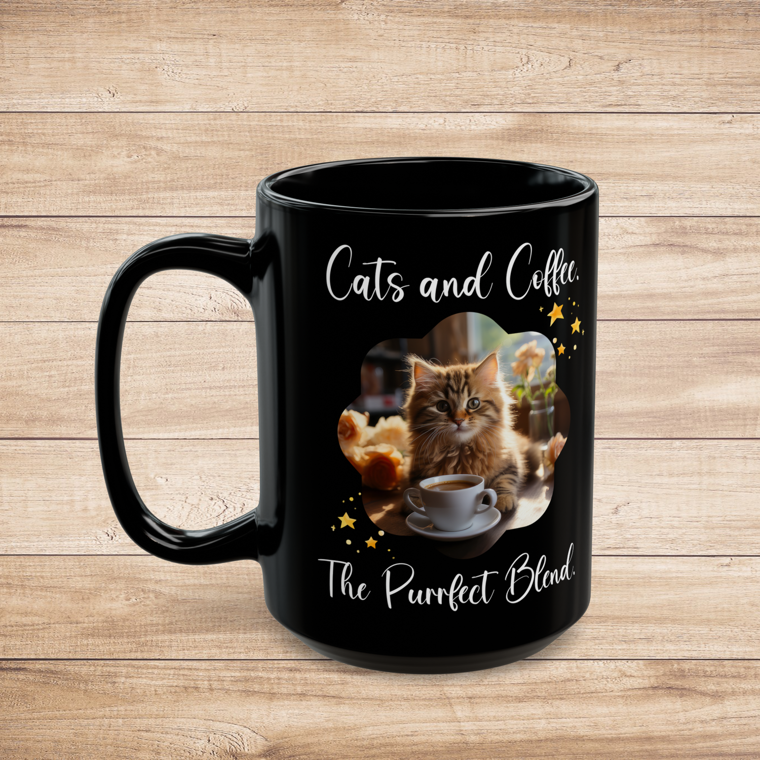 Black 15oz ceramic mug with a photorealistic orange cat, coffee cup, and "Cats and Coffee: The Purrfect Blend" quote. Perfect for large coffee servings and cat lovers