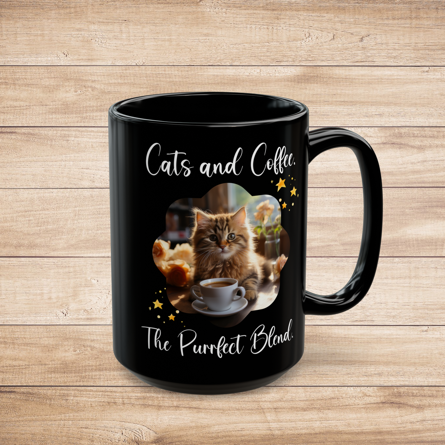Black 11oz mug featuring a fluffy orange cat with coffee and the quote "Cats and Coffee: The Purrfect Blend" in cheerful yellow stars. Ideal for cozy mornings and cat enthusiasts