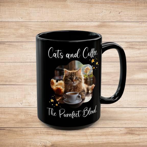 Black 11oz mug featuring a fluffy orange cat with coffee and the quote "Cats and Coffee: The Purrfect Blend" in cheerful yellow stars. Ideal for cozy mornings and cat enthusiasts