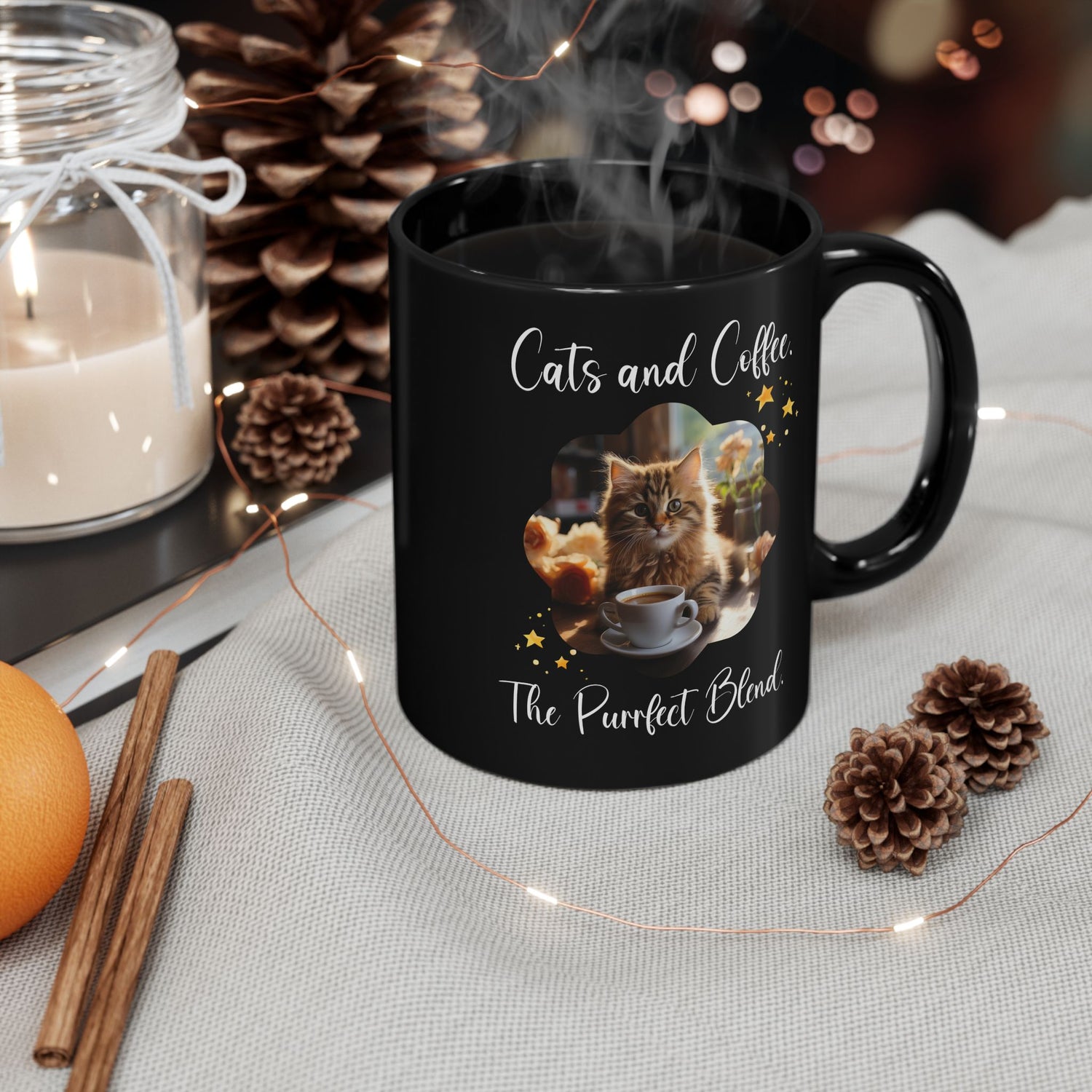 Black ceramic mug with steaming coffee, featuring an orange cat and the phrase "Cats and Coffee: The Purrfect Blend" surrounded by yellow stars. Perfect gift for cat and coffee lovers
