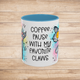 Front view of the 11 oz Coffee Pause with My Favorite Claws Mug with cheerful light blue interior trim, featuring whimsical cartoon art of a playful cat and paw, alongside the humorous quote 'Coffee pause with my favorite claws.' Ideal mug for cat lovers