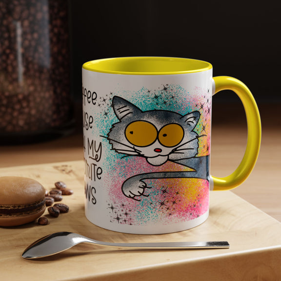 Right-side view of the 11 oz Coffee Pause with My Favorite Claws Mug showcasing bright yellow trim, handle, and an amusing cartoon cat illustration reaching out playfully with its claws. Perfect funny mug for cat enthusiasts enjoying their daily coffee break