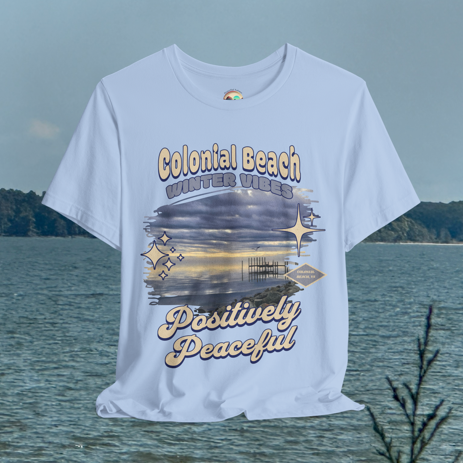 colonial beach winter vibes baby blue premium t-shirt hanging by the water