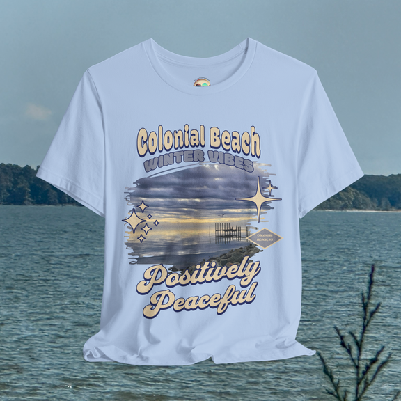 colonial beach winter vibes baby blue premium t-shirt hanging by the water