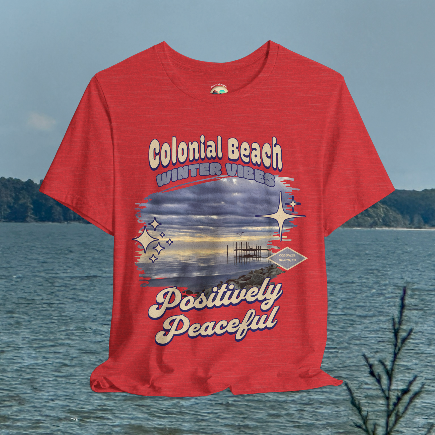 colonial beach winter vibes heather red premium t-shirt hanging by the water