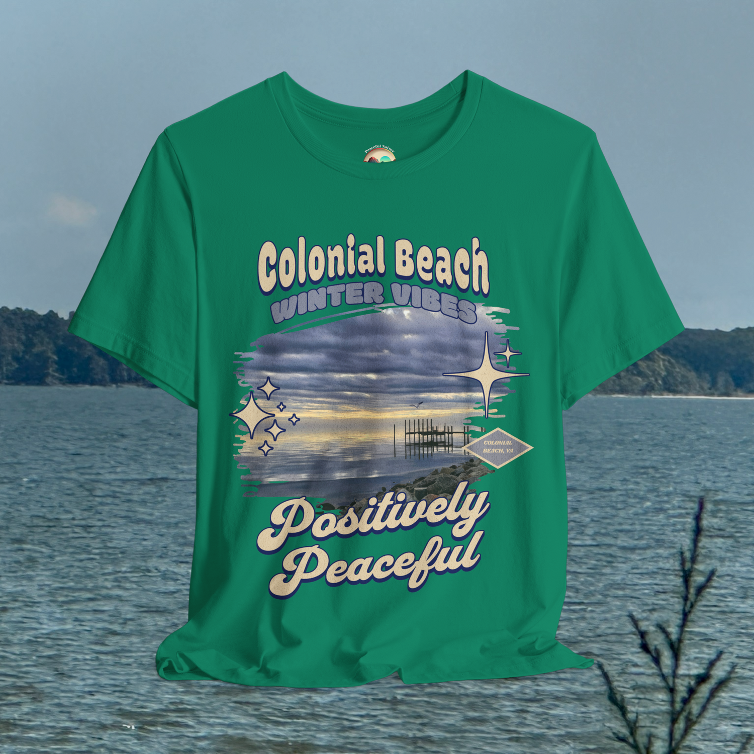 colonial beach winter vibes kelly green premium t-shirt hanging by the water