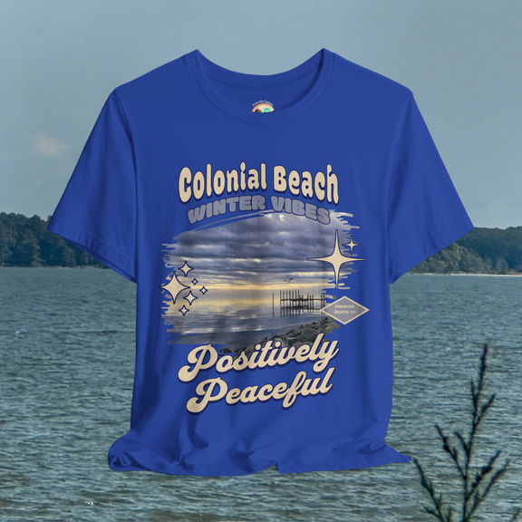 colonial beach winter vibes royal blue premium t-shirt hanging by the water