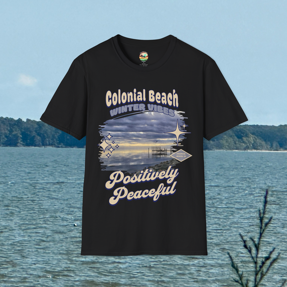 Colonial Beach Winter Vibes Soft Fit T-Shirt in Black, displayed hanging against beach background