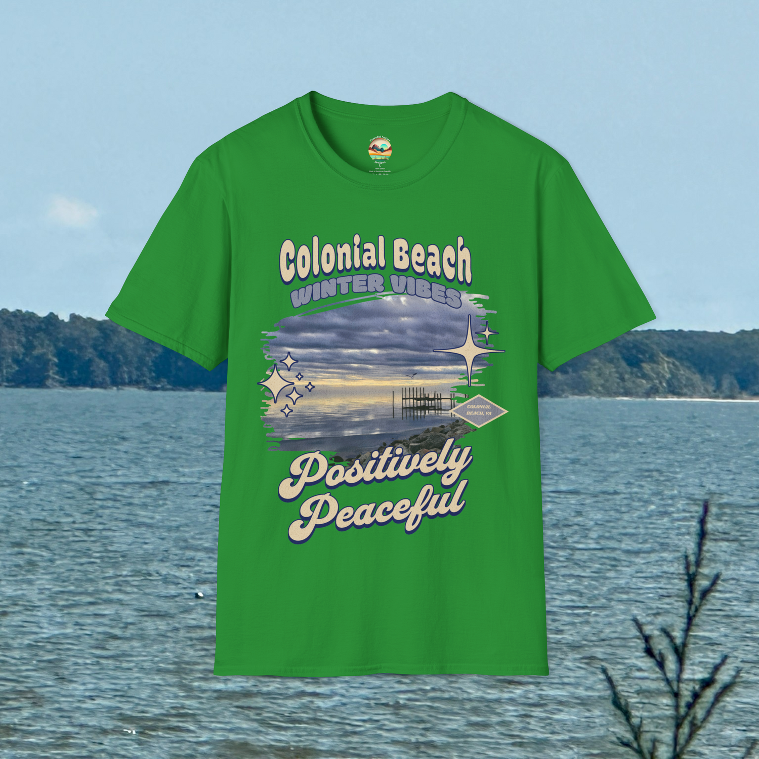 Colonial Beach Winter Vibes Soft Fit T-Shirt in Irish Green, displayed hanging against coastal backdrop