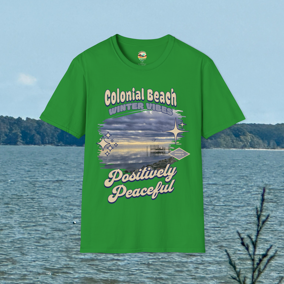 Colonial Beach Winter Vibes Soft Fit T-Shirt in Irish Green, displayed hanging against coastal backdrop