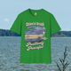 Colonial Beach Winter Vibes Soft Fit T-Shirt in Irish Green, displayed hanging against coastal backdrop